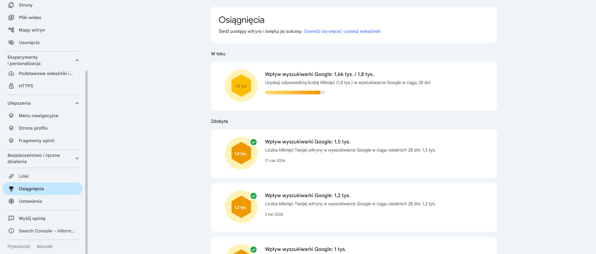 Efekty pozycjonowania strony Arteon - osiągnięcia z kliknięć w Google Search Console, 13 lipca 2026