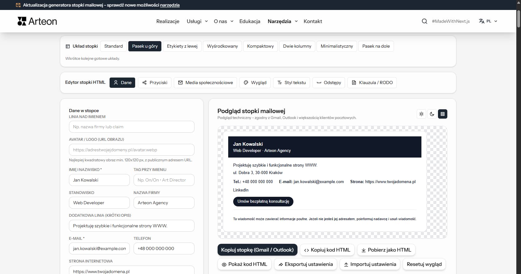 Darmowy generator stopki mailowej HTML Arteon