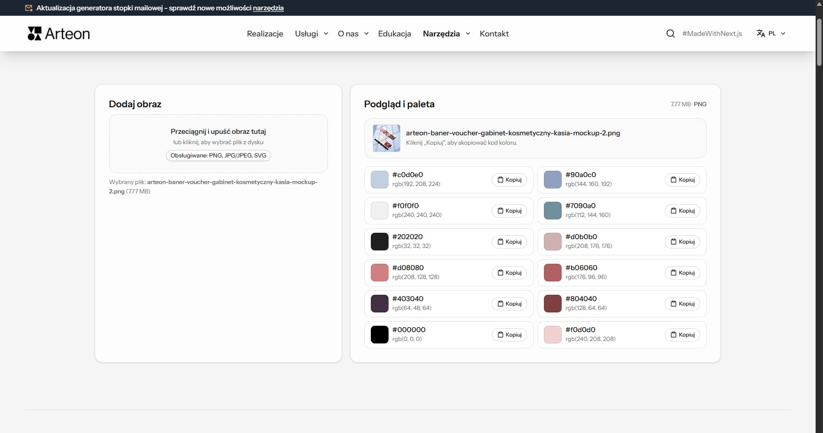 Ekstraktor kolorów z obrazu – Arteon
