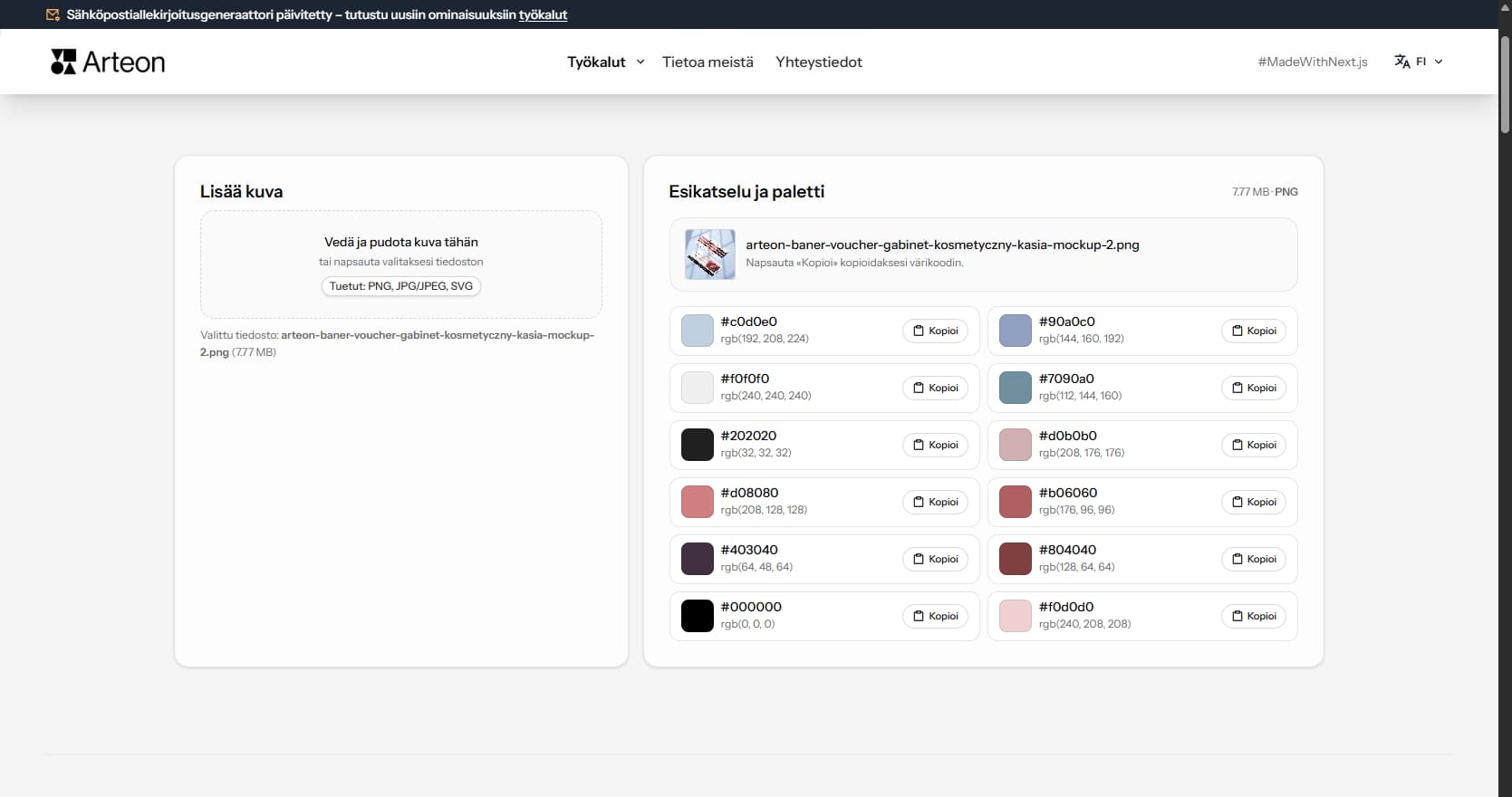 Värien poiminta kuvasta Arteon