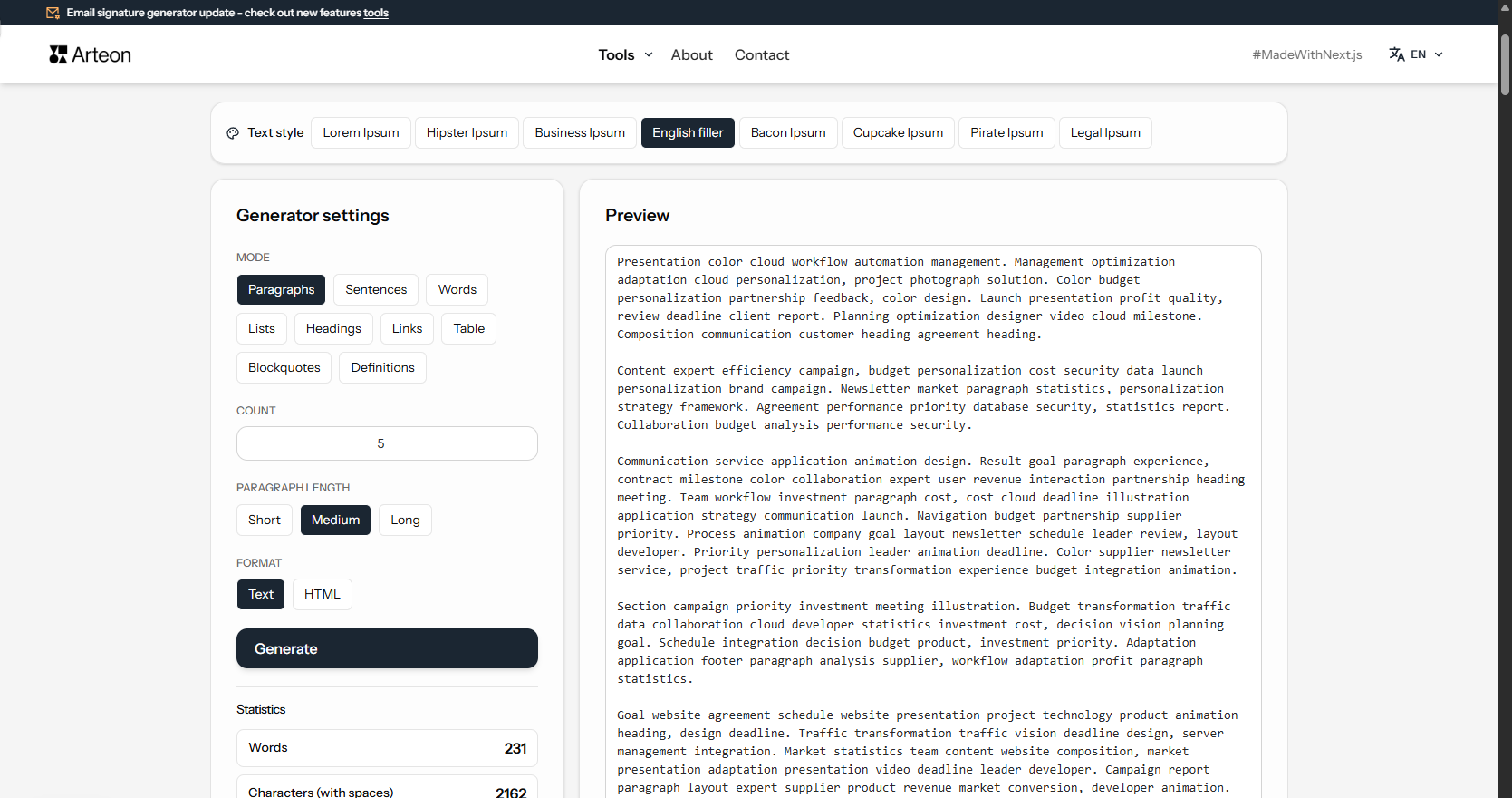Lorem Ipsum Generator — Arteon