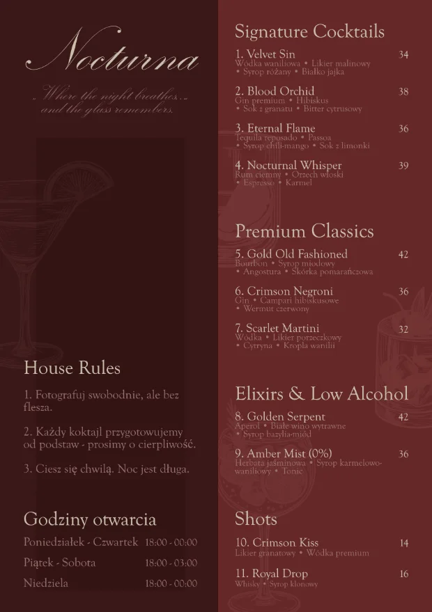 Ekskluzywna karta koktajli Nocturna - projekt graficzny