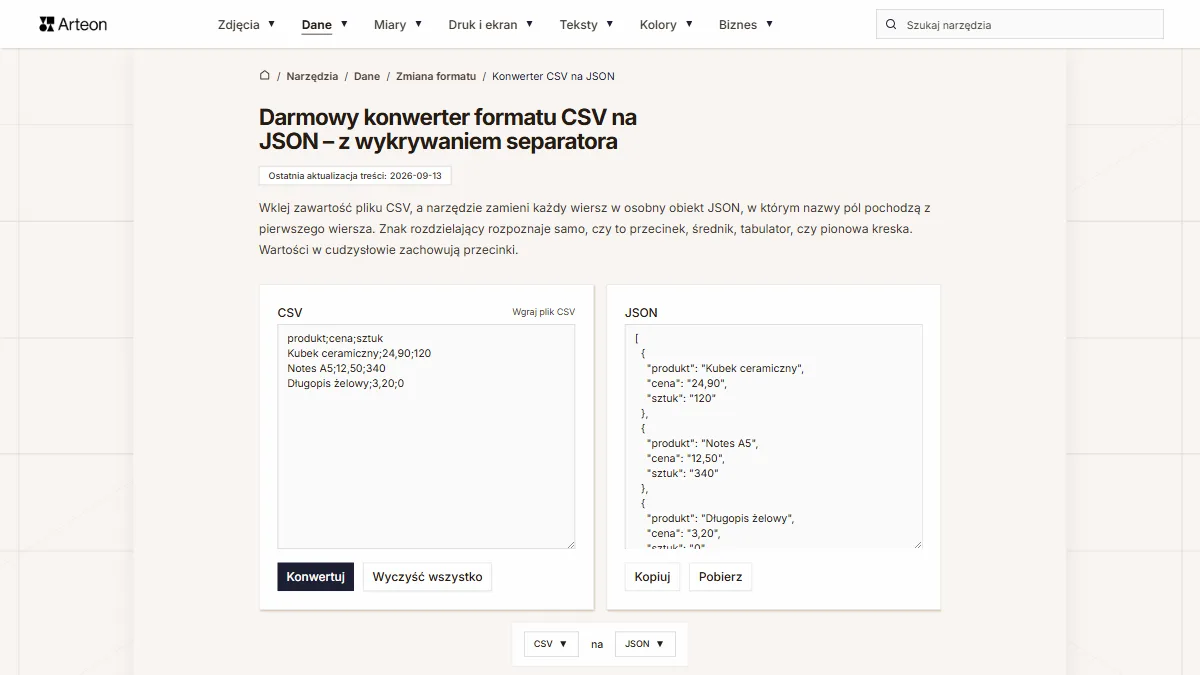 Konwerter CSV na JSON z danymi rozdzielonymi średnikiem w lewym polu i tablicą obiektów JSON w prawym polu