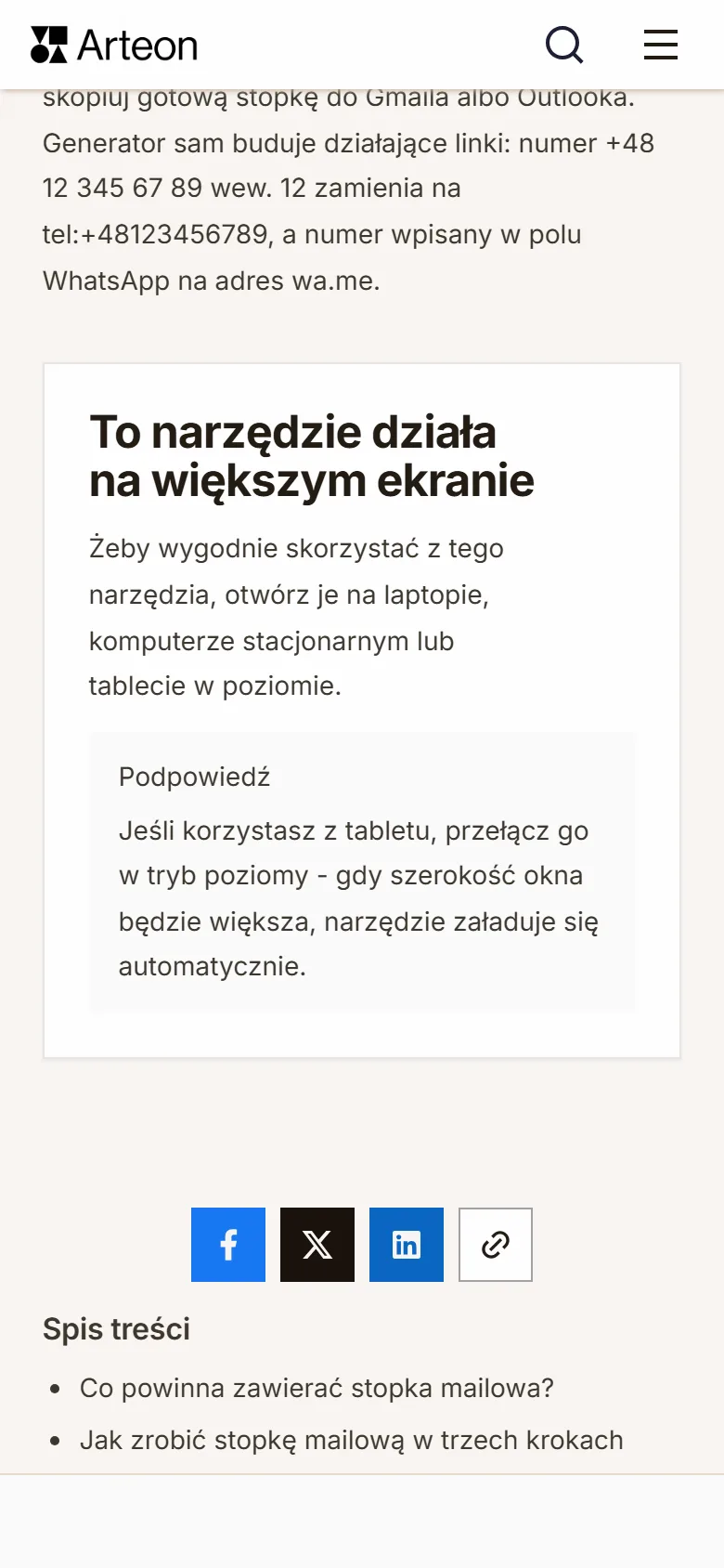 Komunikat To narzędzie działa na większym ekranie na stronie generatora stopki mailowej otwartej na telefonie