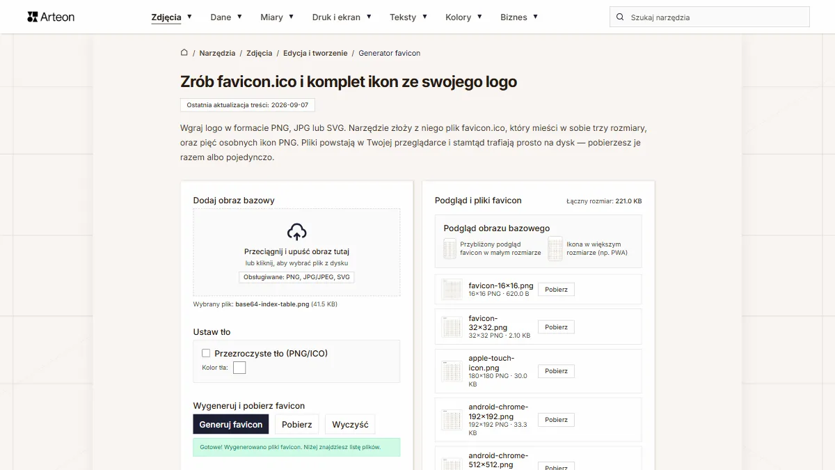 Generator favicon z wgranym logo, podglądem w małym i większym rozmiarze oraz listą plików favicon-16x16.png, favicon-32x32.png, apple-touch-icon.png i android-chrome-192x192.png