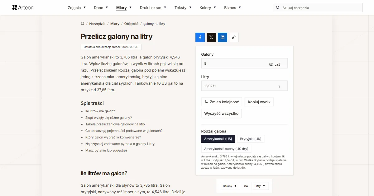 Konwerter galonów na litry z przełącznikiem Rodzaj galona po prawej i spisem treści po lewej stronie