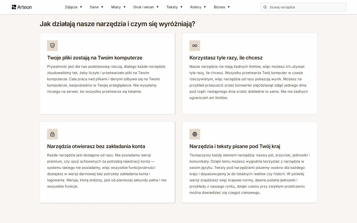 Cztery karty z zasadami działania narzędzi na stronie głównej Arteon Tools