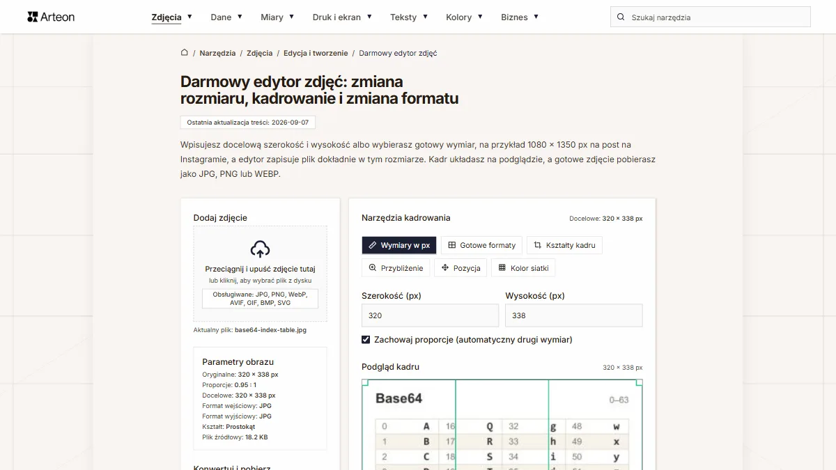 Edytor zdjęć z wgranym obrazem, kartą Parametry obrazu, zakładkami narzędzi kadrowania i polami szerokości oraz wysokości w pikselach