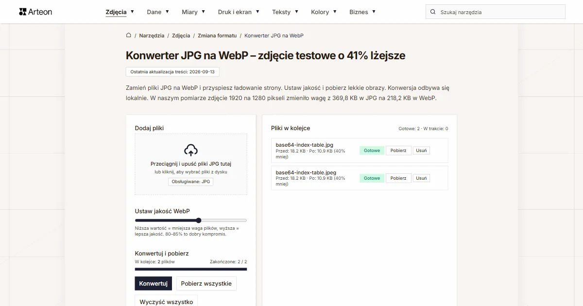 Konwerter JPG na WebP z dwoma gotowymi plikami w kolejce, suwakiem jakości WebP i przyciskami Konwertuj oraz Pobierz wszystkie