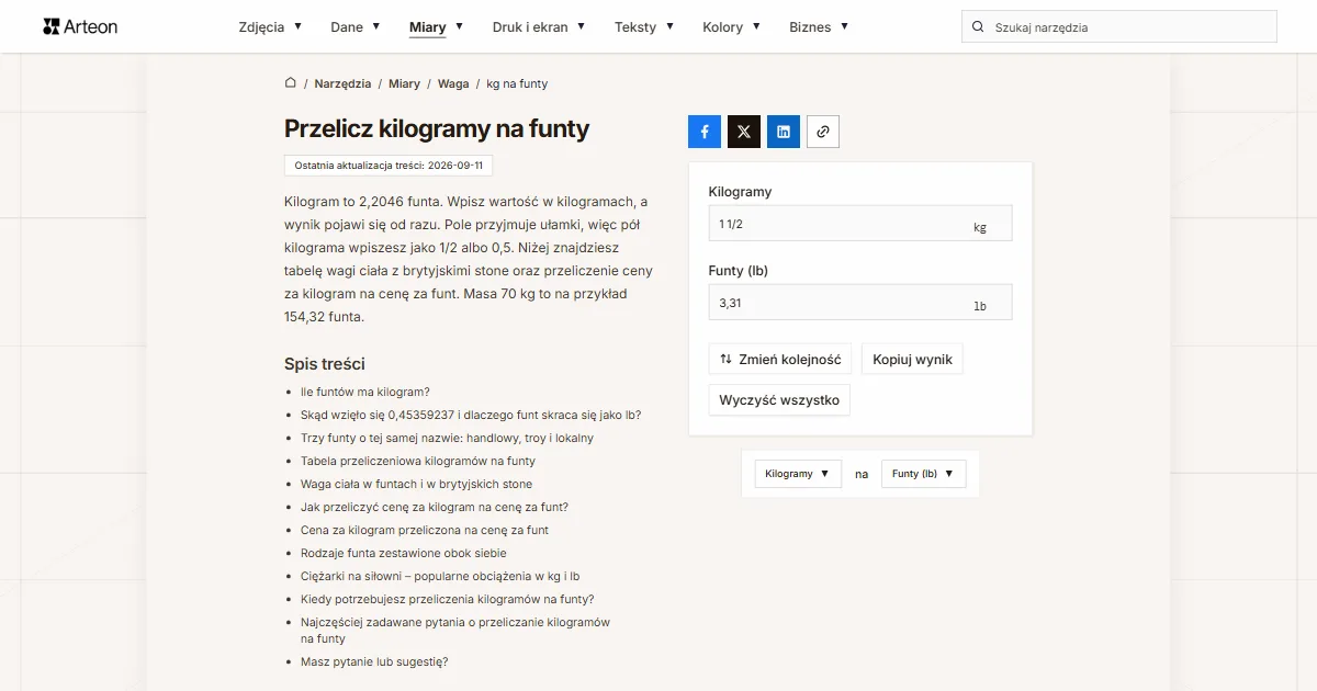 Konwerter kilogramów na funty z wpisem 1 1/2 w polu kilogramów i wynikiem 3,31 funta