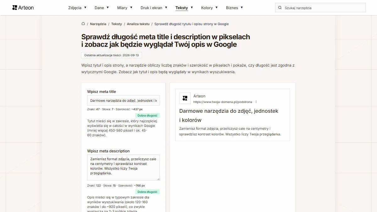Licznik długości meta title i description z wpisanym tytułem i opisem, oznaczeniami Dobra długość i podglądem wyniku wyszukiwania Google