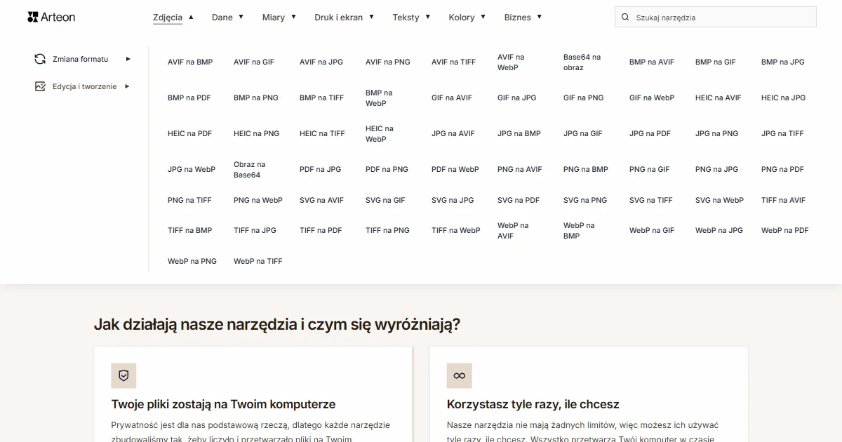 Rozwinięte menu kategorii Zdjęcia w Arteon Tools z podkategoriami Zmiana formatu i Edycja i tworzenie oraz listą konwerterów