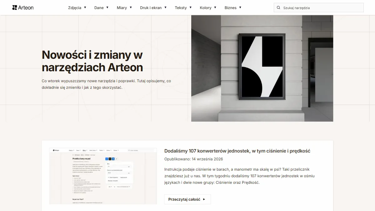 Strona Aktualności w Arteon Tools z pierwszym wpisem o nowych konwerterach jednostek ciśnienia i prędkości