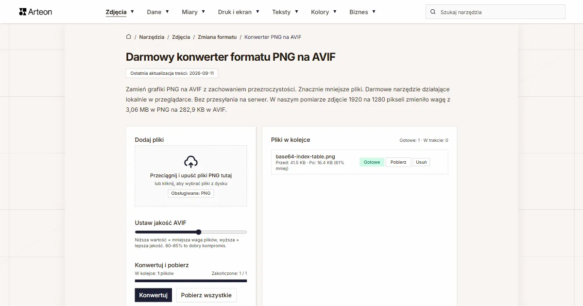 Konwerter PNG na AVIF z plikiem w kolejce oznaczonym jako gotowy i lżejszym o 61 procent