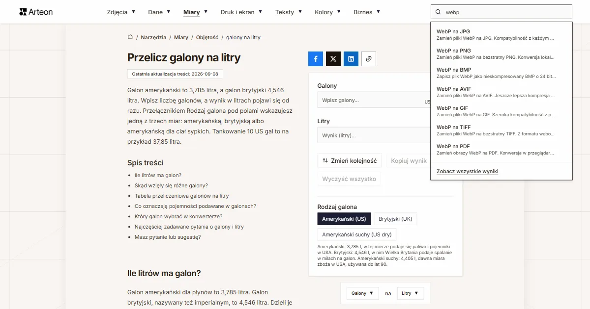 Pole Szukaj narzędzia z wpisaną frazą webp i listą podpowiedzi z konwerterami WebP na JPG, WebP na PNG i kolejnymi