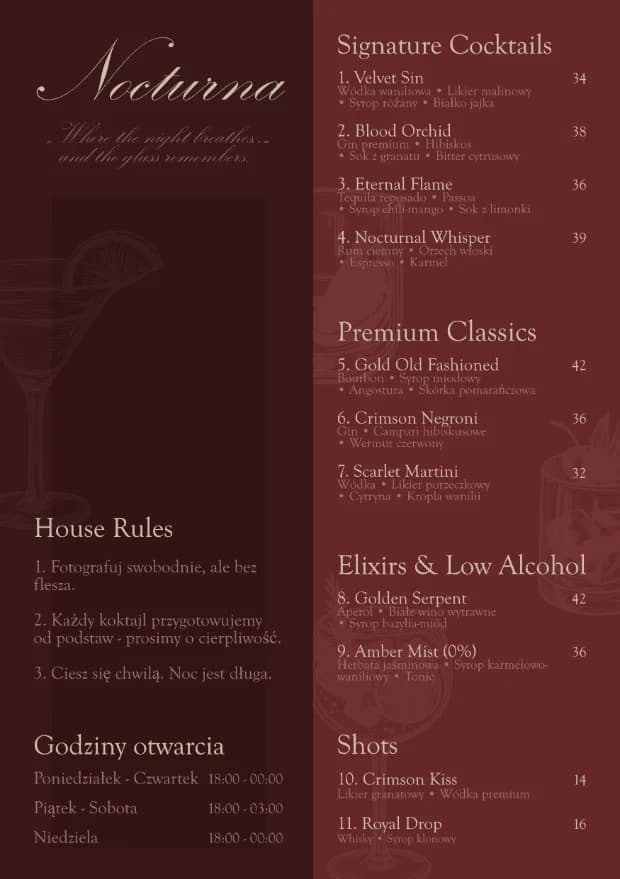 Ekskluzywna karta koktajli Nocturna - projekt graficzny