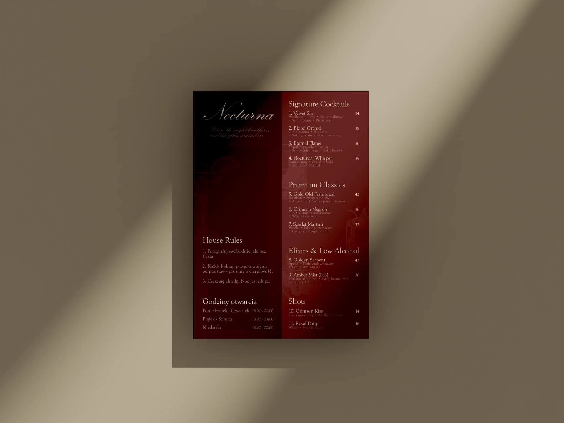 Ekskluzywna karta koktajli Nocturna - mockup projektu graficznego