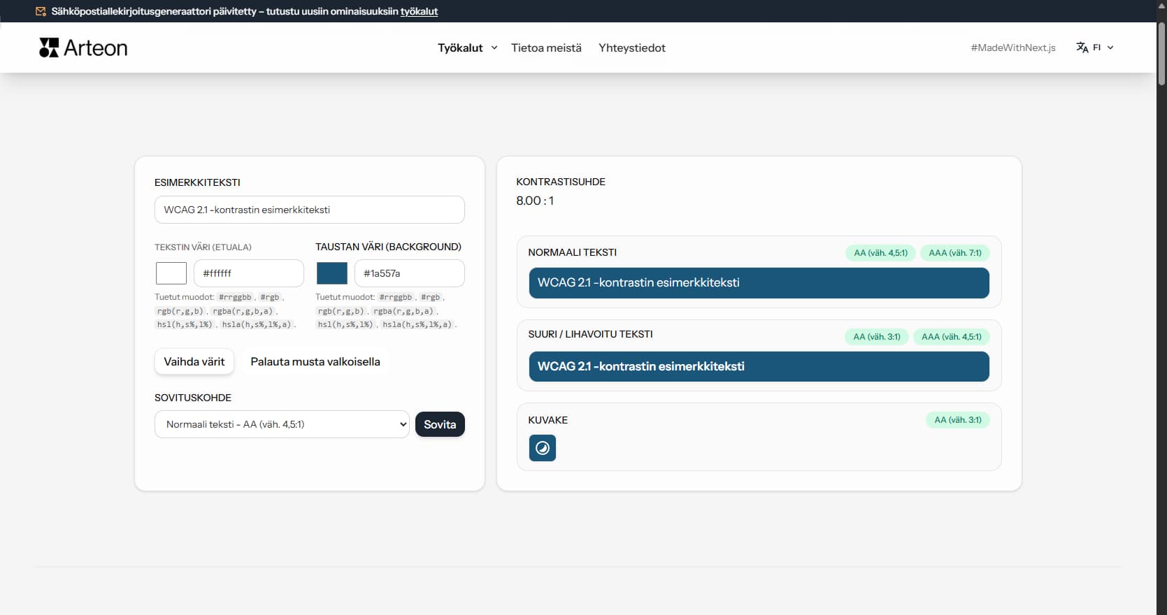 Värikontrastin tarkistus – Arteon