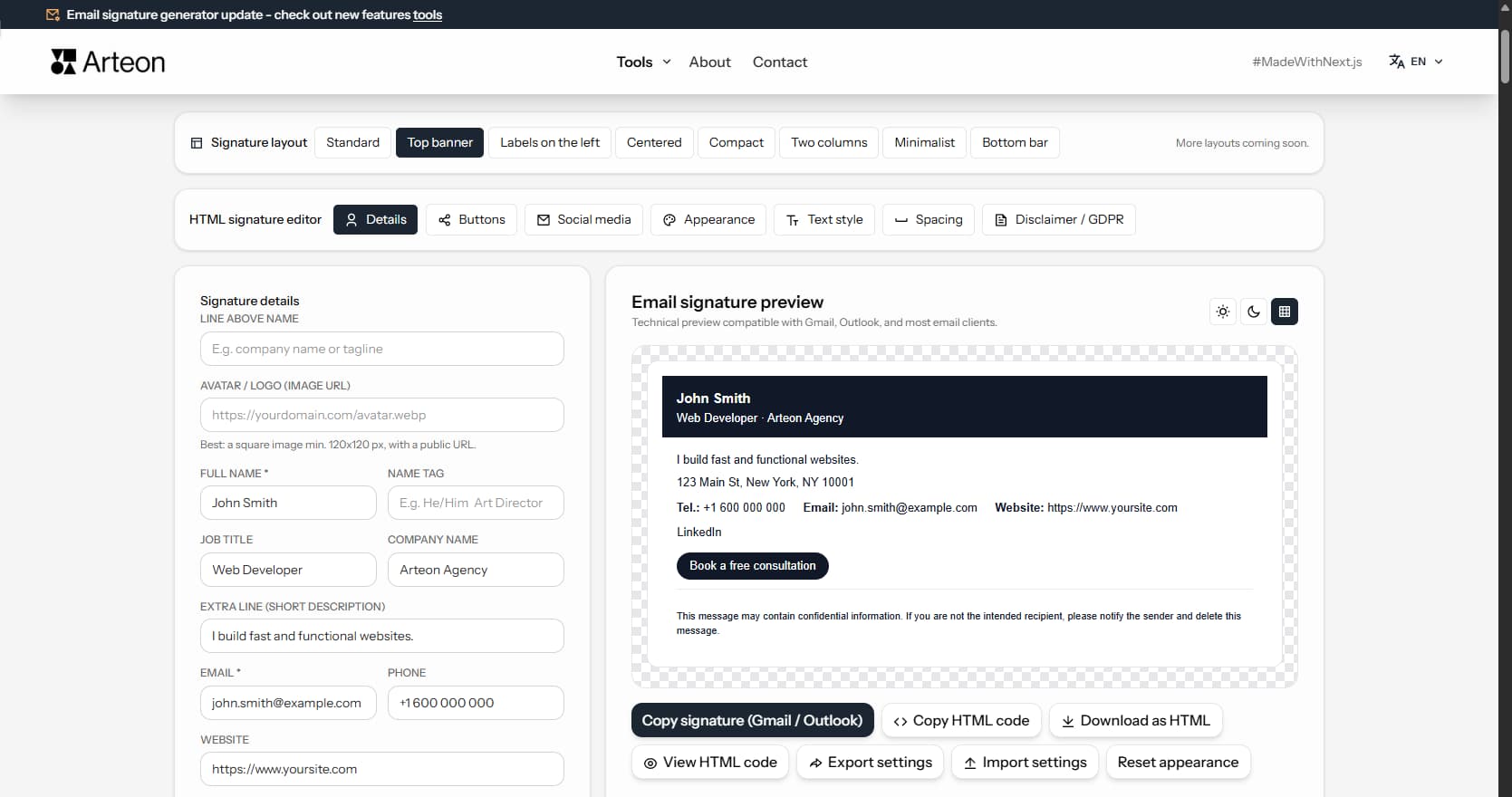 Email signature generator – Arteon