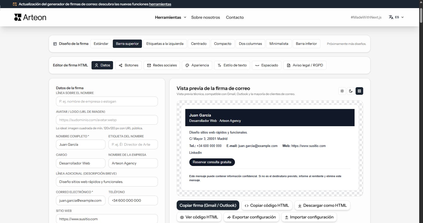 Generador de firma de correo HTML gratuito Arteon