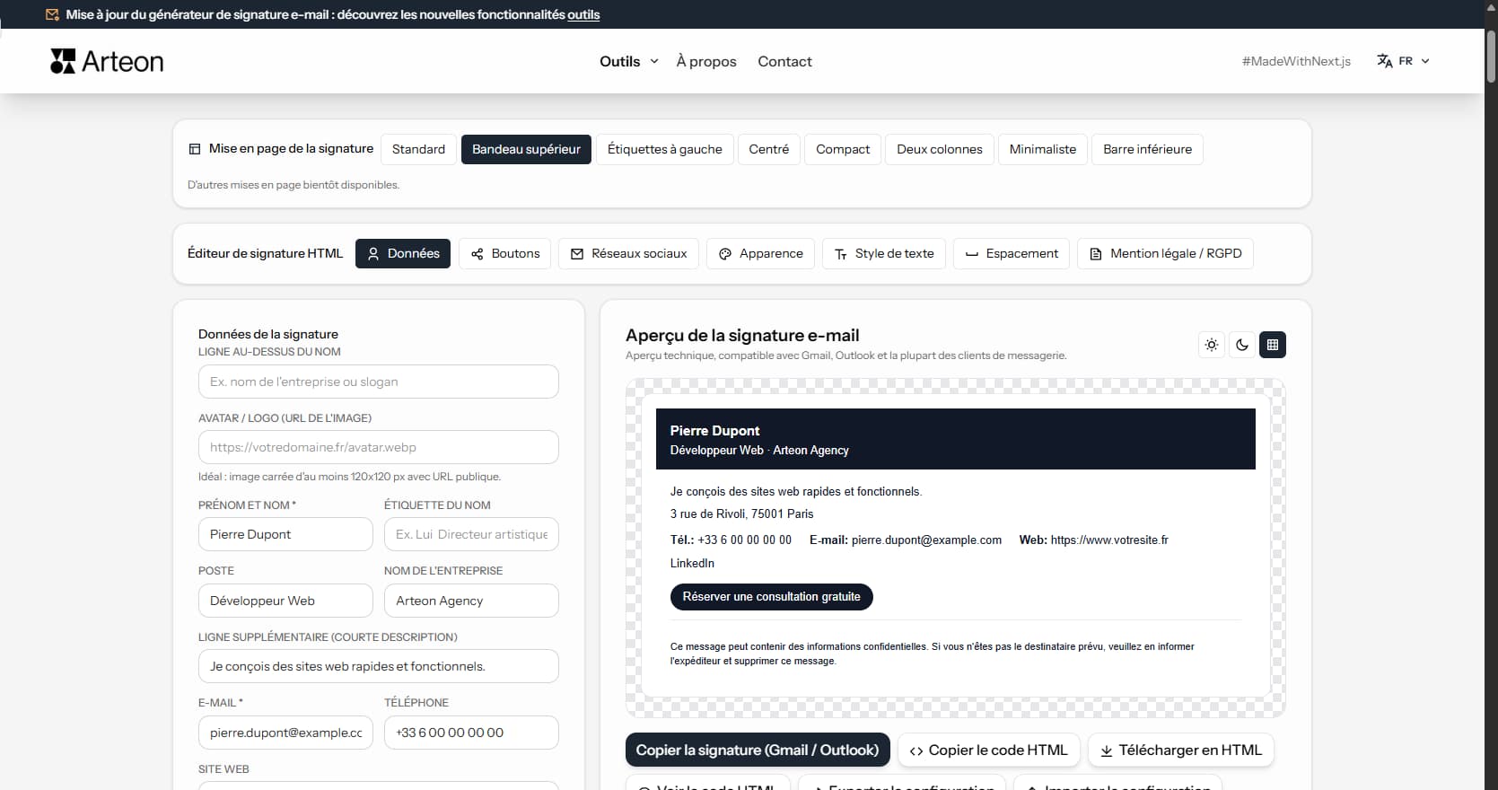 Générateur de signature e-mail HTML gratuit Arteon