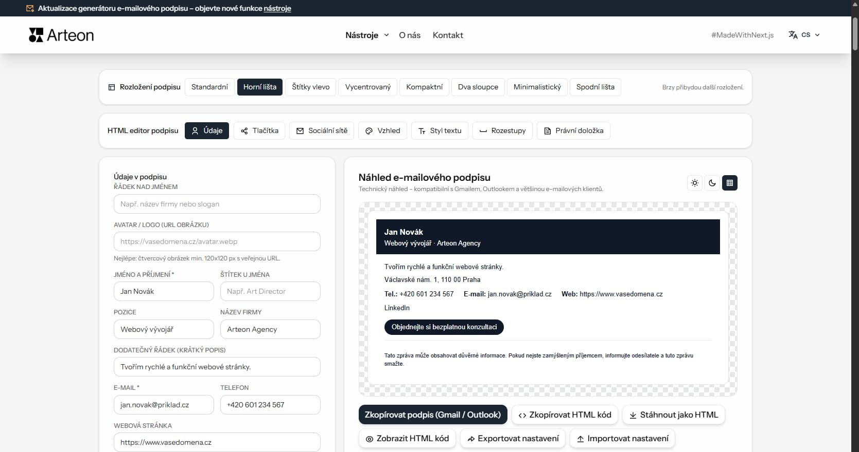 Generator podpisu e-mailu zdarma Arteon