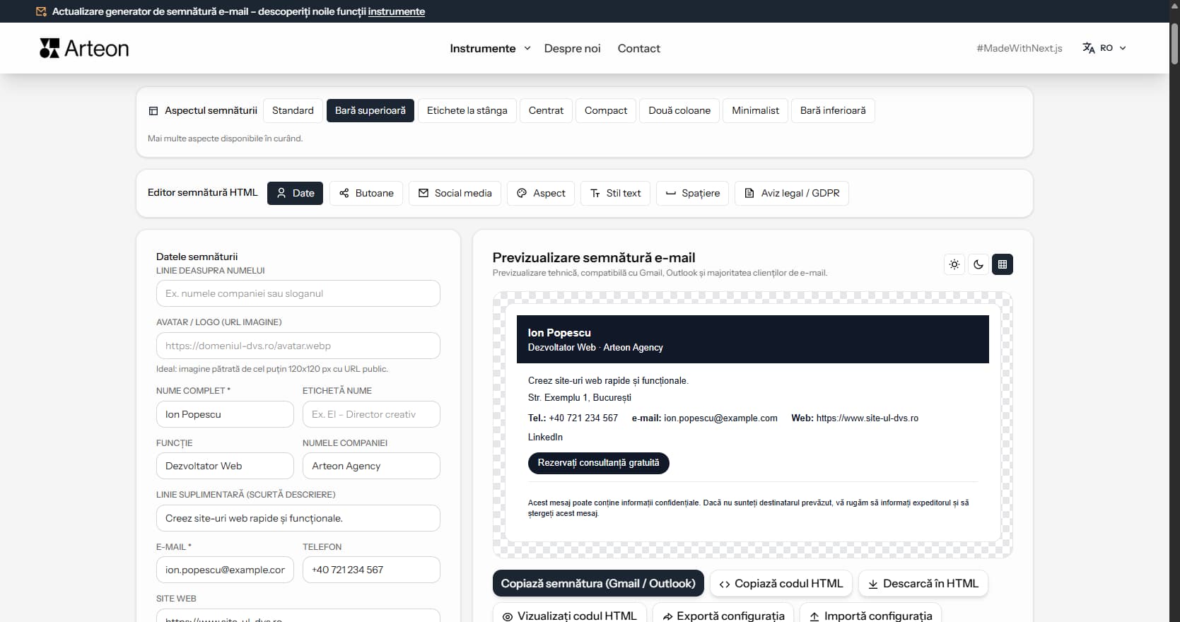 Generator semnătură e-mail – Arteon