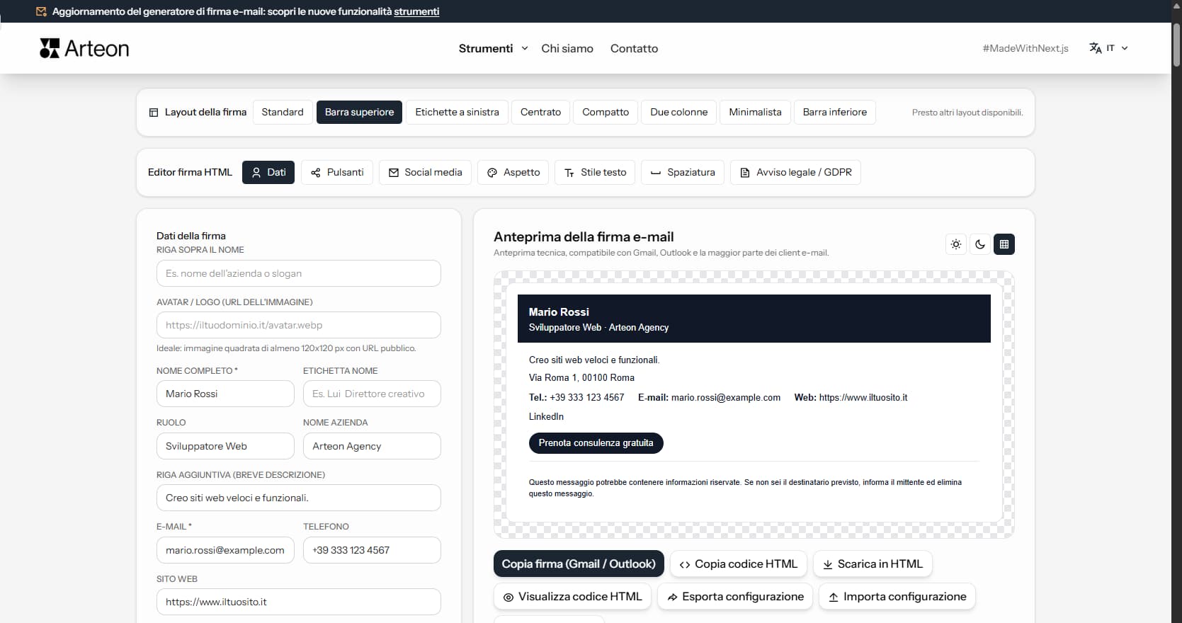 Generatore di firma e-mail – Arteon