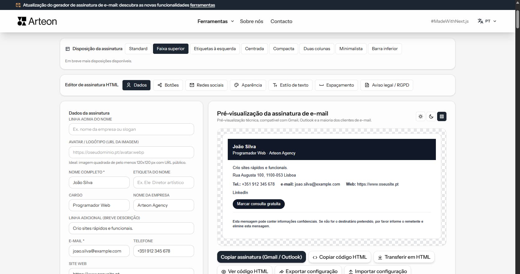 Gerador de assinatura de e-mail HTML gratuito Arteon