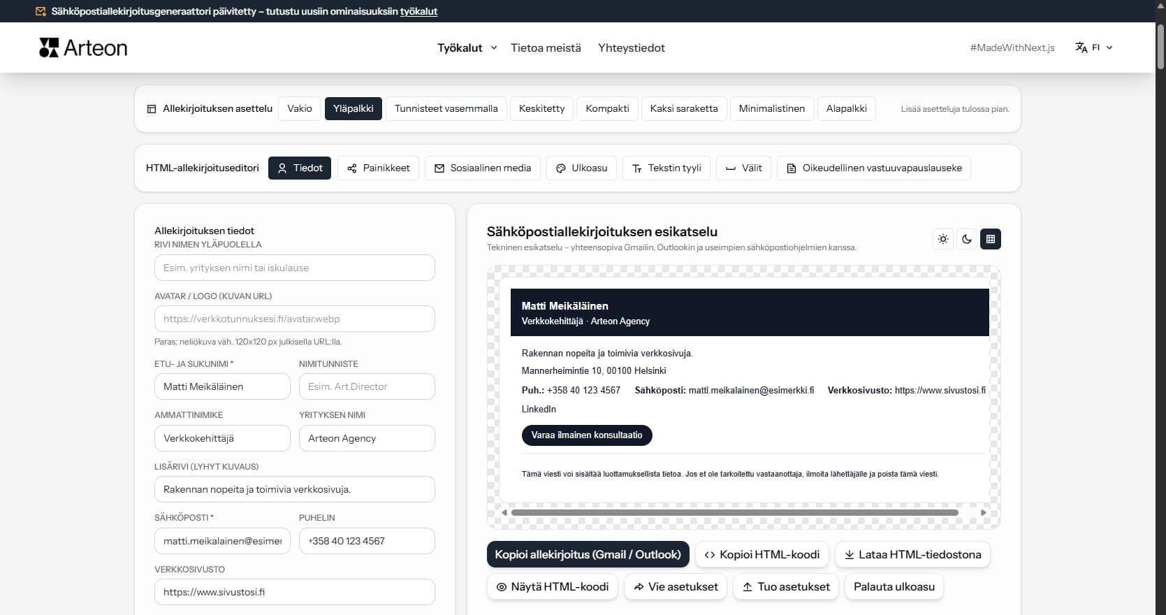 Ilmainen sähköpostiallekirjoitusgeneraattori Arteon