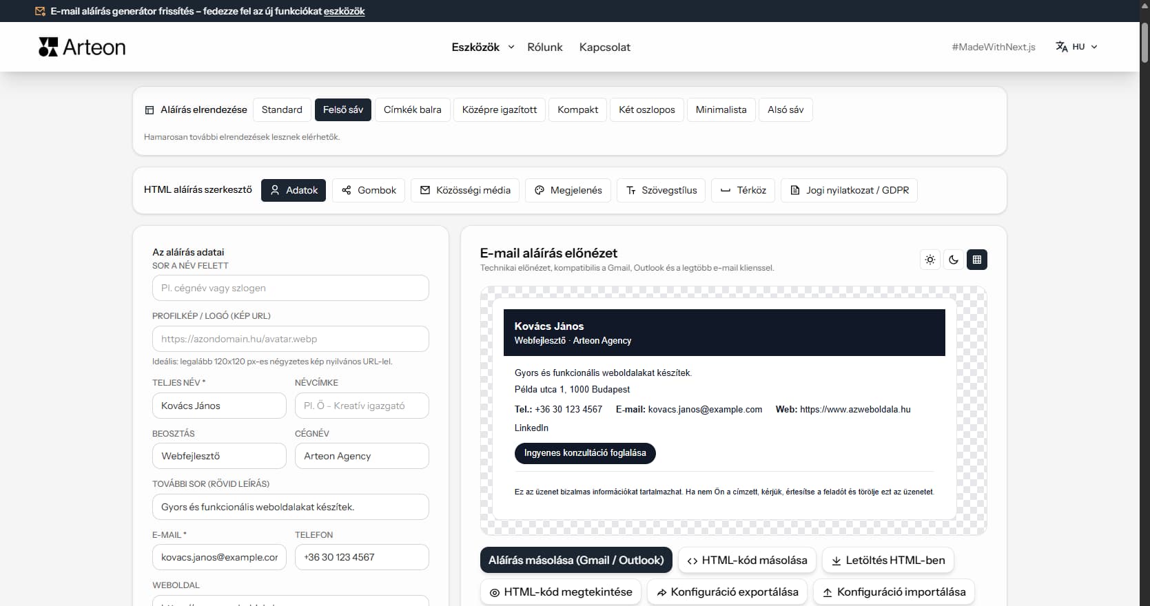 Ingyenes HTML e-mail aláírás generátor Arteon