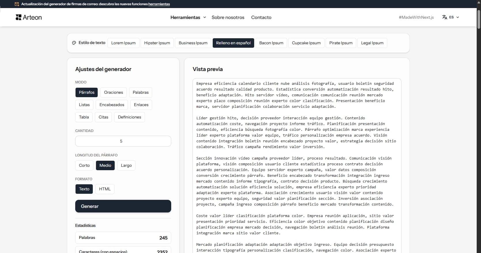 Generador Lorem Ipsum - texto de ejemplo - Arteon