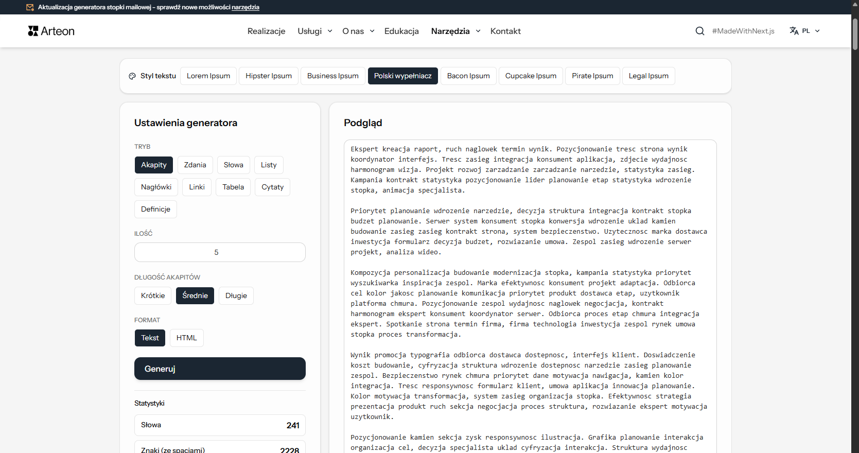 Generator Lorem Ipsum - tekst przykładowy online - Arteon