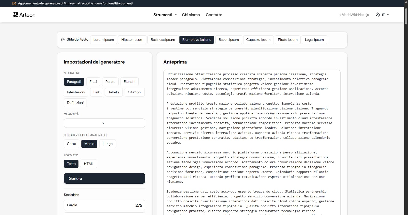 Generatore Lorem Ipsum — Arteon
