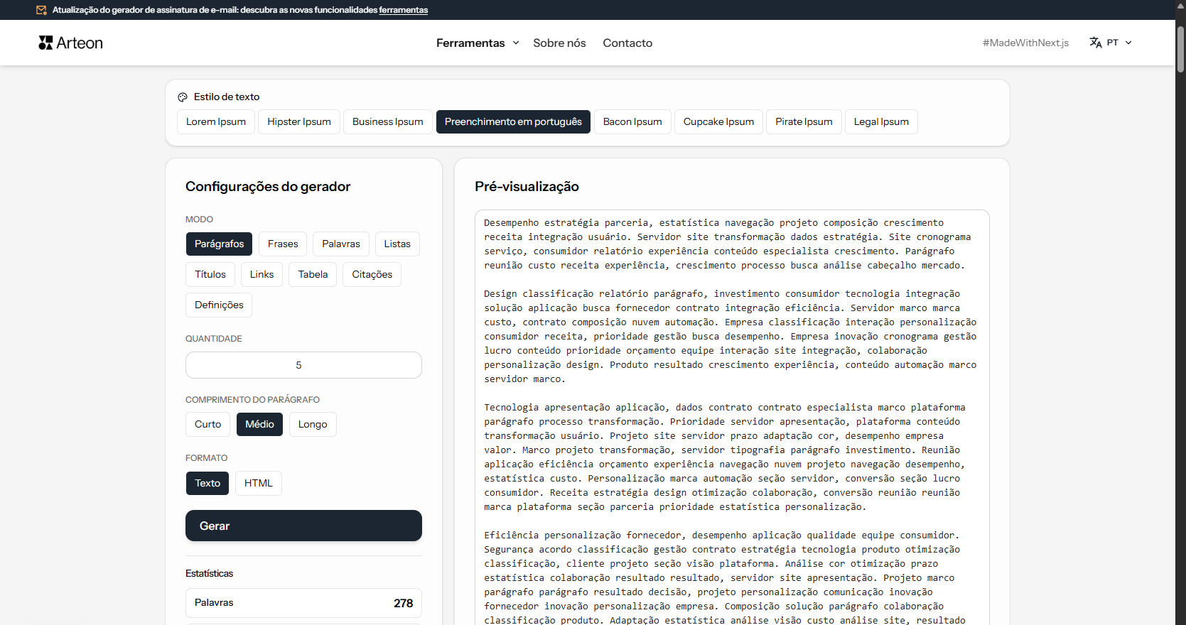 Gerador Lorem Ipsum — Arteon