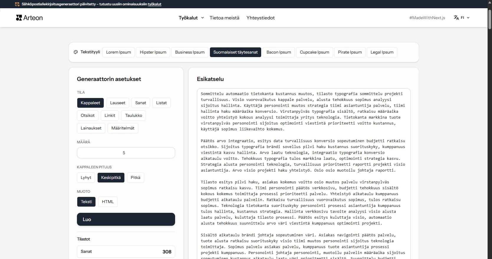 Lorem Ipsum -generaattori Arteon