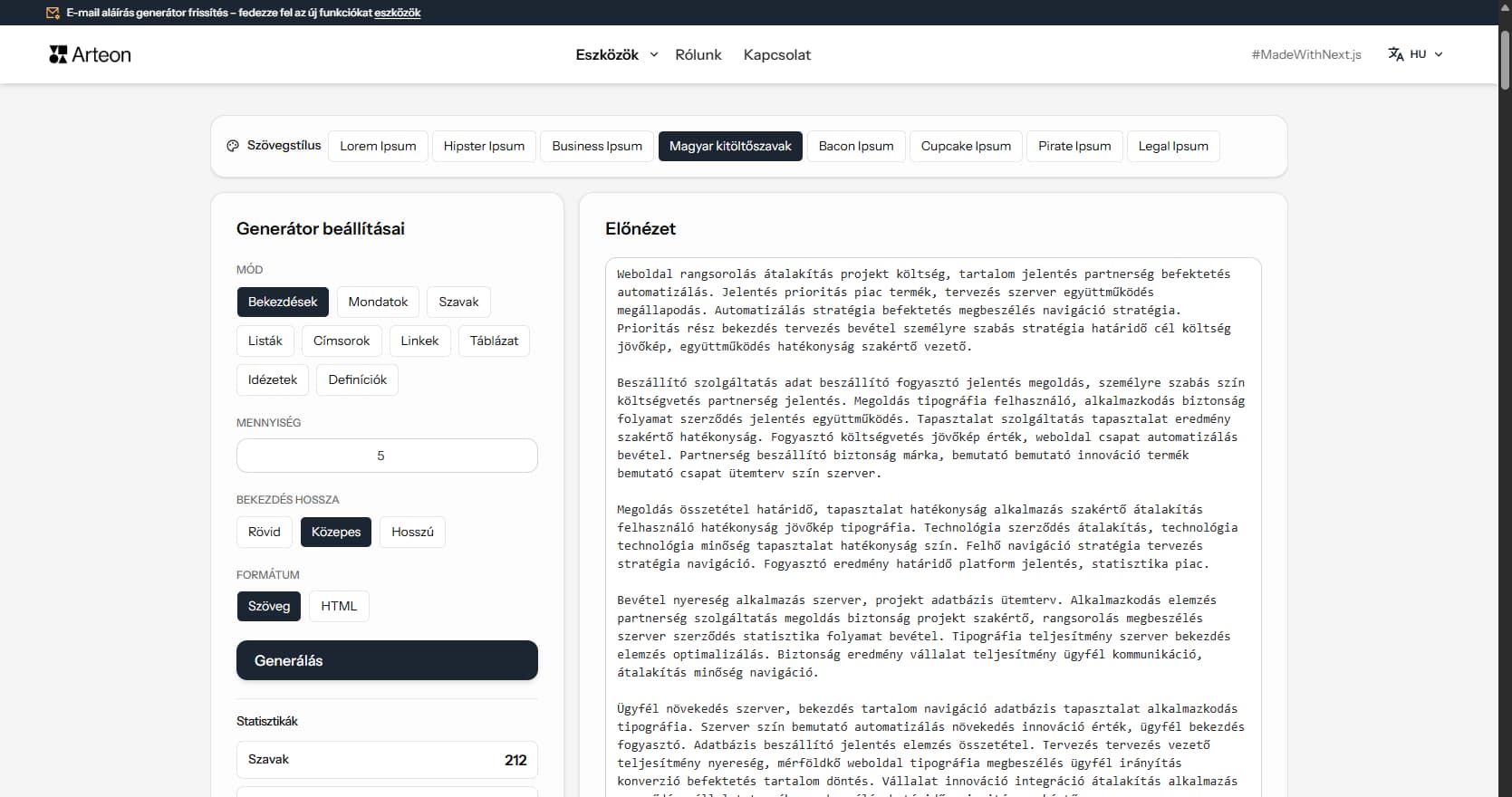 Lorem Ipsum generátor Arteon