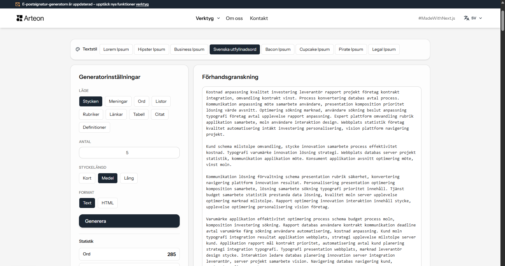 Lorem Ipsum-generator — Arteon